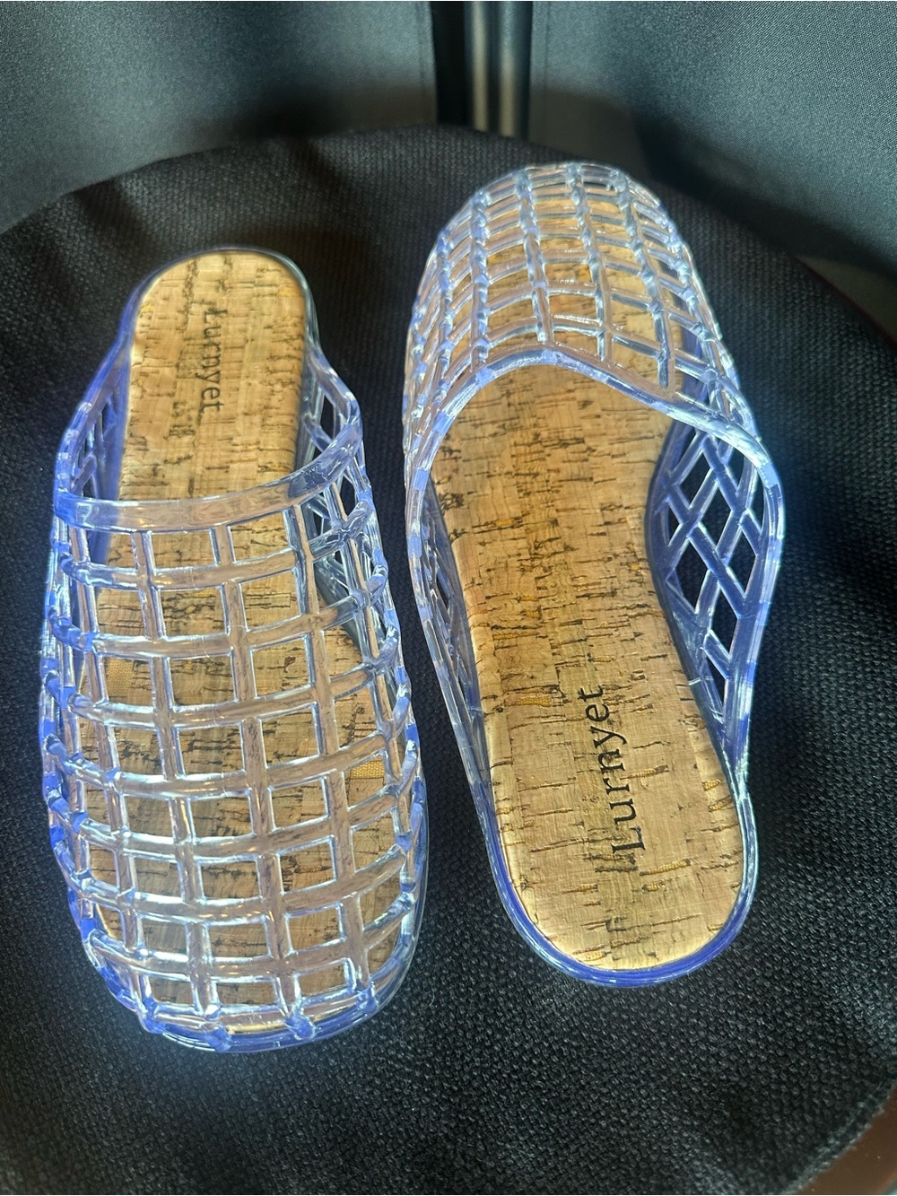Clear Blue Jelly Slide Sandals Cork Footbed Women’s Size 8.5